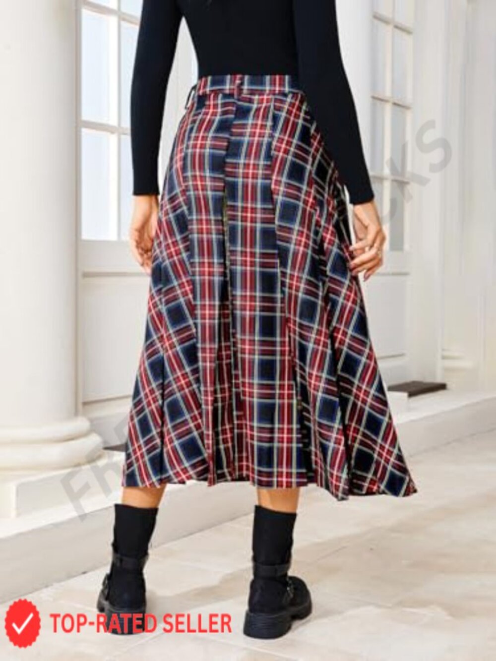 Womens High Waist A Line Pleated Midi Skirt Plaid Vintage - Picture 2 of 6